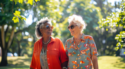 Two old friends are walking in the park. An elderly couple of interracial lesbians on a walk. They smile and enjoy their time together