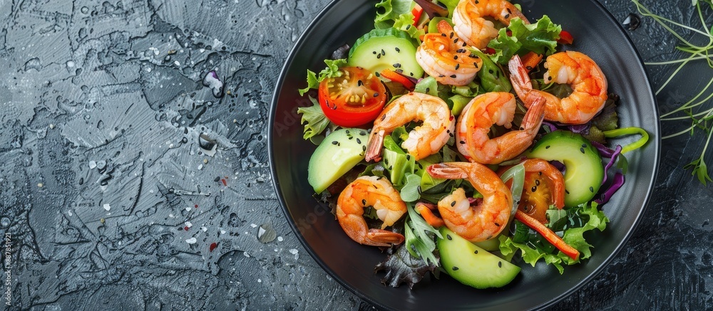 Leinwandbilder a salad with shrimp avocado and vegetables presented on a black plate against a gray backdrop provid