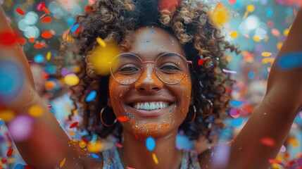 Joyful woman with curly hair and glasses smiling amidst colorful confetti at a festive outdoor celebration.