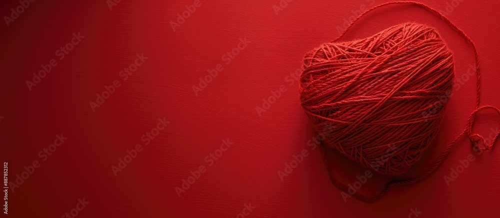 Poster a red yarn heart set on a red background offers ample copy space for text conveying a romantic valen