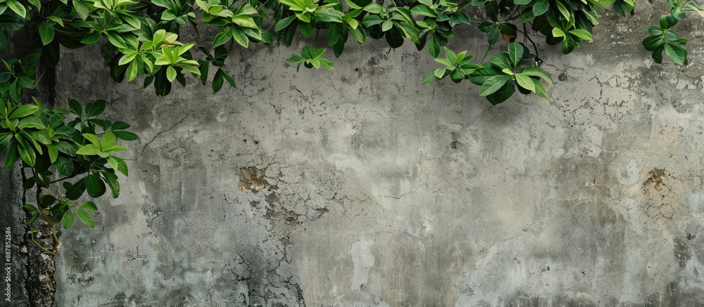 Poster weathered cement wall next to green tree branches ideal copy space image for architectural backgroun