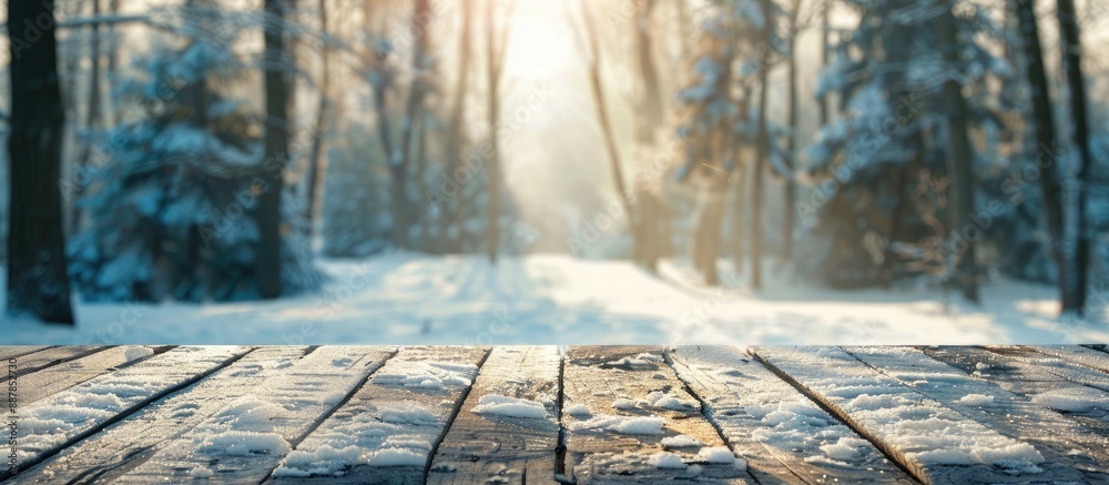 Sticker blur winter forest background with empty wooden surface perfect for copy space image