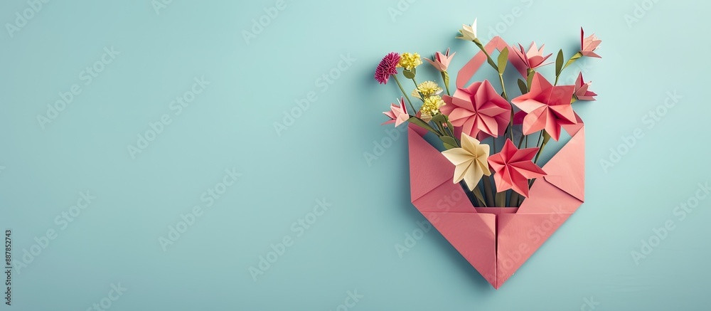 Aufkleber Folded paper heart with a bouquet of origami flowers in an envelope creating a charming Valentine s Day scene with copy space image