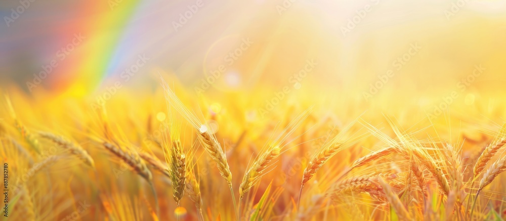 Leinwandbilder Evening sunlight illuminates a wheat field with a double rainbow in the background leaving ample space on the right side of the picture for text with wheat spikelets in the foreground slightly blurred