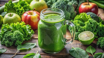 Fresh and healthy green smoothie in a glass jar mug surrounded by kale leaves, fruits, and vegetables, symbolizing raw, vegan, and alkaline food lifestyle concept.