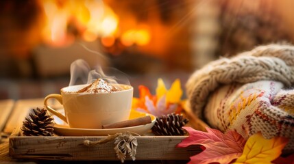 Cozy autumn scene with hot beverage and fireplace.