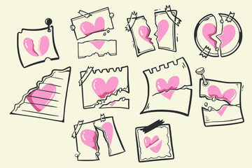 Paper Note for Broken Heart. Paper Notes with Love and Cute Hearts. Valentine's day cute notes