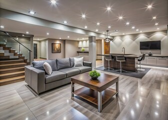 Modern basement renovation featuring sleek waterproof flooring, contemporary design elements, and stylish lighting, exuding a sense of luxury and sophistication in a sleek, open space.