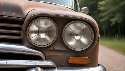 A close-up view of the front headlights of an old, rusty vintage car in a state of disrepair, with the metal casing showing signs of wear