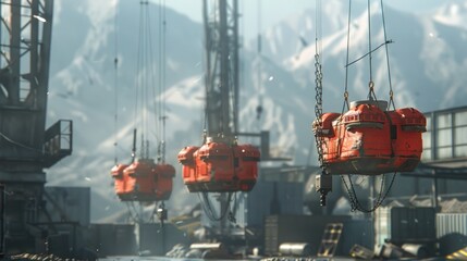 Fototapeta premium Futuristic Slings in Industrial Setting with Snowy Mountain Background - Modern Industrial Equipment in Winter Landscape