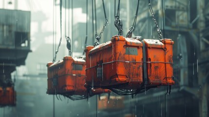 Futuristic Industrial Slings with Orange Containers in Rainy Urban Setting - Modern Art Concept