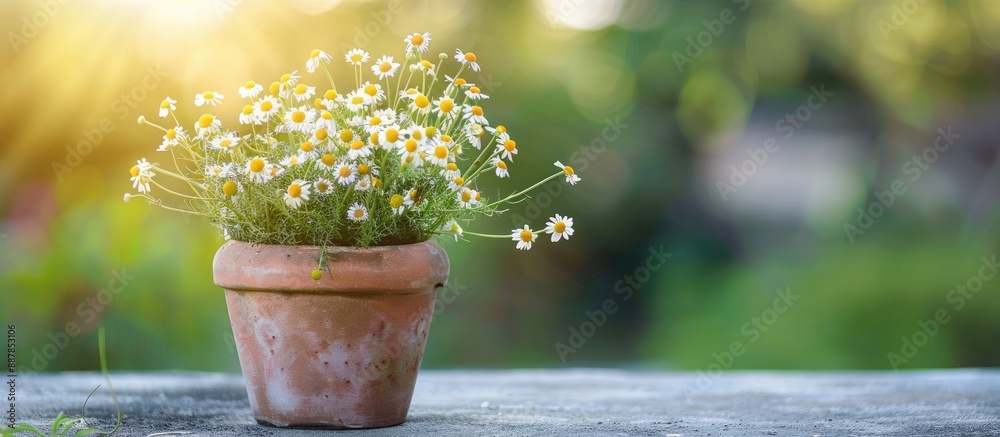 Poster chamomile bouquet in a flower pot on a gray concrete stone in the garden with a blurred background d