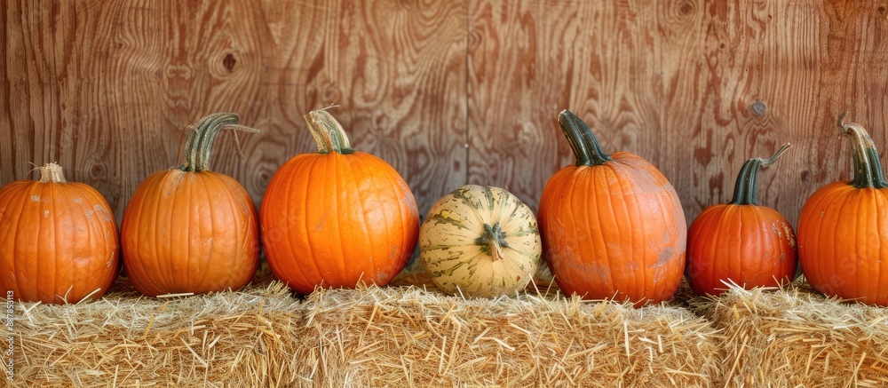 Poster autumn pumpkins arranged on hay bales at a festival in a pumpkin patch with available copy space ima