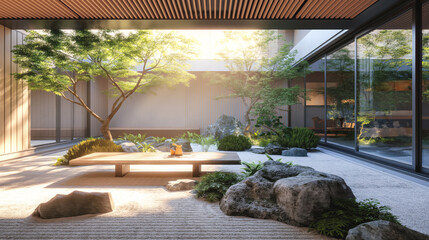 Fototapeta premium Modern Japanese-inspired zen garden with wooden bench, raked sand, rocks, and greenery, illuminated by natural light through a partially open roof, enclosed by glass walls.