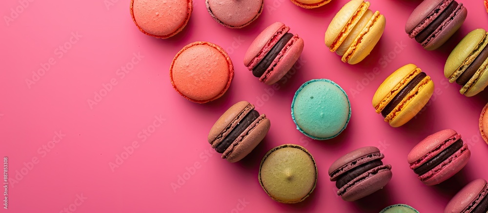 Poster colorful macaroons arranged on a vibrant hot pink background perfect for showcasing with a copy spac