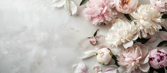 A floral arrangement featuring white and pink peonies on a soft pastel backdrop with areas for text or graphics Flat view for a nature theme. with copy space image. Place for adding text or design