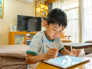 タブレットPCを見るアジア人の子ども