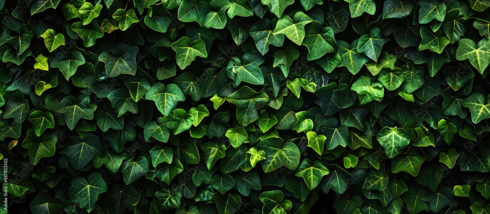 Poster wall covered in green ivy leaves creating a natural background with a plant texture featuring copy s
