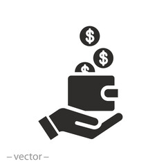 wallet with coins in the hand icon, save money, finance income, transfer, deposit or payment, price and cash back, cost refund, flat vector illustration