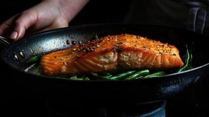 Gastronomy. Chef Cooking Salmon or Trout Fillet with Green Beans in Motion for Eatery Design