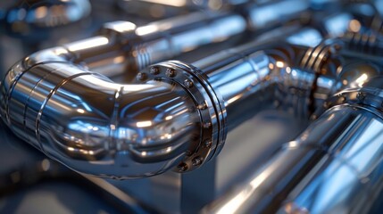 Naklejka premium Shiny Stainless Steel Water Pipes in Industrial Setting with Reflections and Bolted Connections
