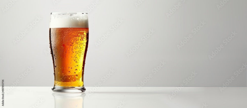 Leinwandbilder A glass of beer resting on a clear white table with a blank area for an image. with copy space image. Place for adding text or design