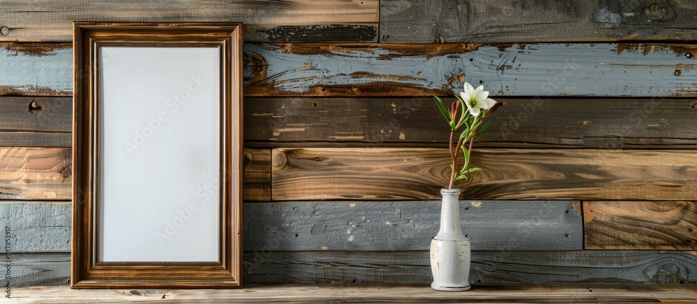 Poster A photo frame mockup displayed on a rustic wooden table with plenty of room for additional graphics or text commonly known as copy space image
