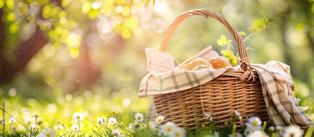 Poster picnic basket with a napkin set against a beautiful nature backdrop creating the perfect copy space 