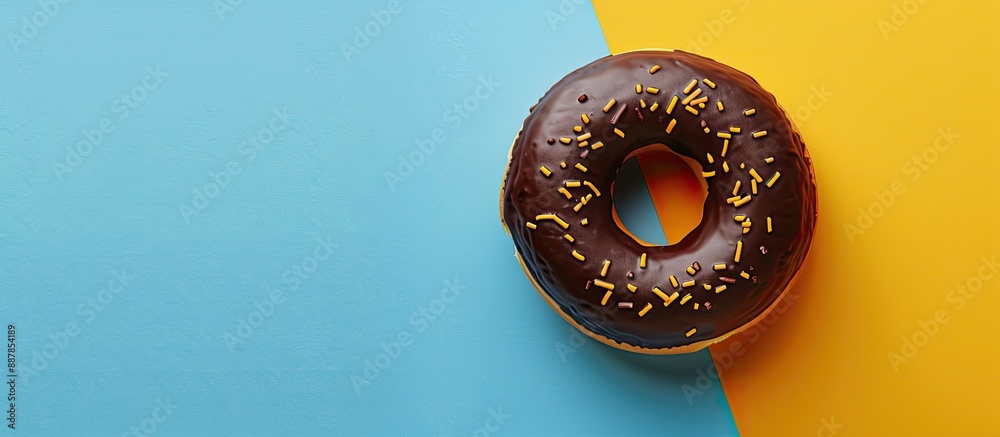 Aufkleber copy space image featuring a chocolate donut placed on a blue and yellow background