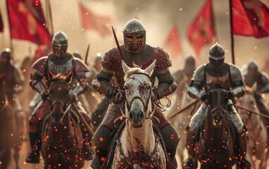 Brave knights on horses in closeup medieval combat, photorealistic detail, intense warfare, Medieval Combat, Dynamic Action