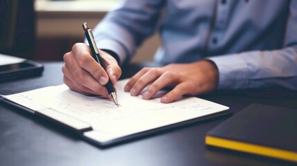 A business person jotting notes on a modern desk with a blank notepad and pen