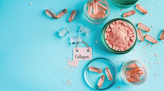 collagen powder and capsules on the table. Selective focus.