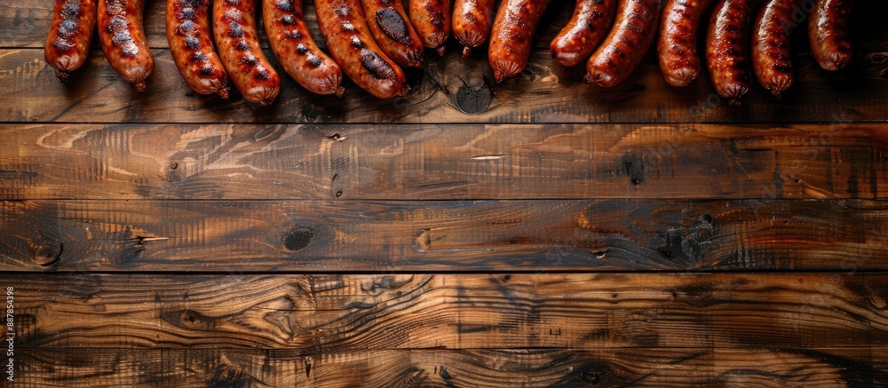 Aufkleber Wooden table with frame constructed of whole sausages in a flat lay composition Ideal for text insertion in the copy space image