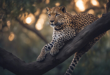 Obraz premium A leopard perched on a tree branch, moonlit night 