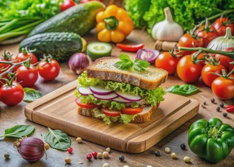 Fresh vegetables and healthy ingredients lay scattered on a kitchen counter as a delicious sandwich begins to take shape, awaiting creative addition on a crispy bread.