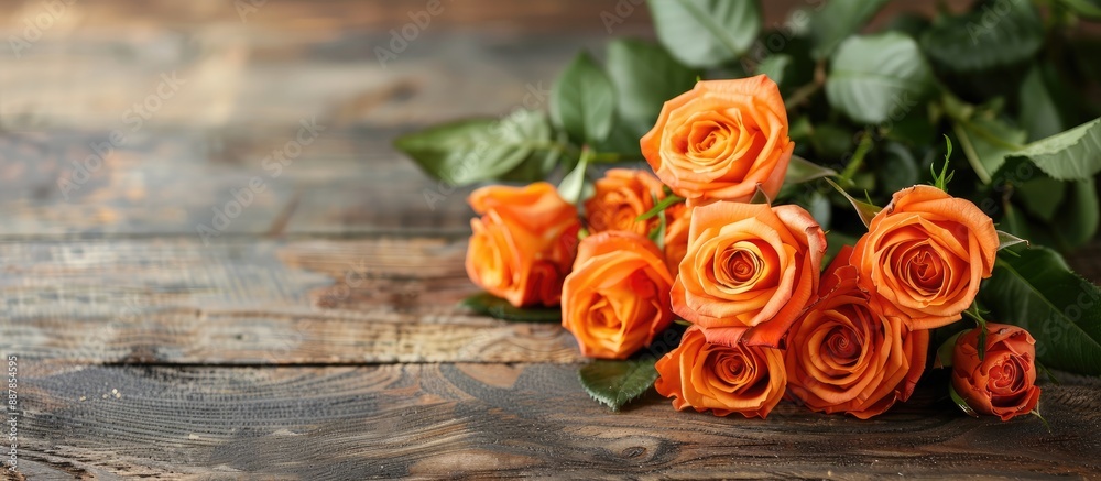 Poster orange roses bouquet displayed on a wooden backdrop with copy space image
