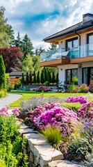 Naklejka premium A large house with a beautiful garden in front of it