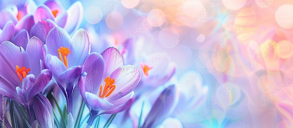 Fototapete Captivating spring crocus blooms against a blurred backdrop with copy space image