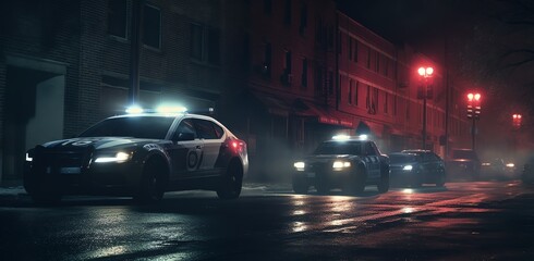 Fototapeta premium A police car with flashing lights is driving down the street, surrounded by other cars and uniformed officers on either side of it