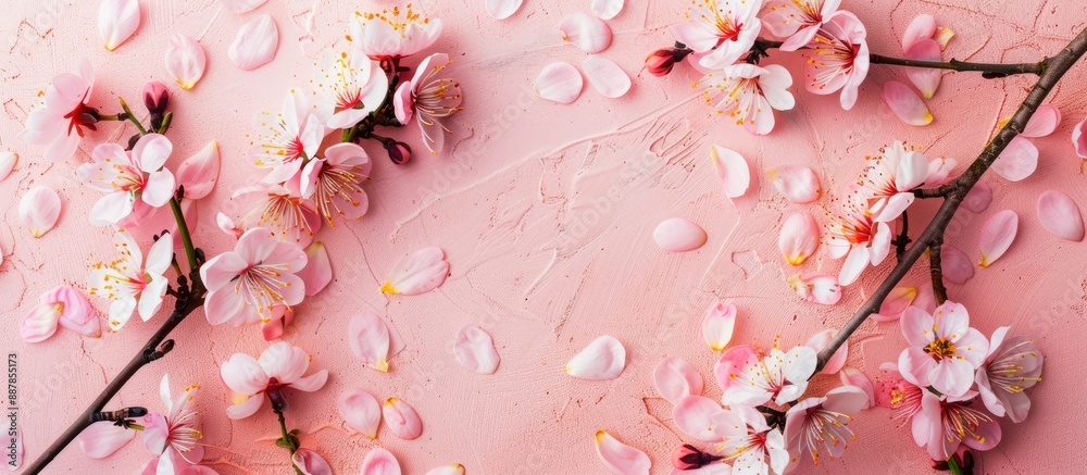 Aufkleber flat lay composition featuring apricot flowers on a pink table with cherry blossom branches in the b