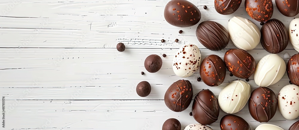 Leinwandbilder top view of chocolate easter eggs arranged on a white wooden table with space for additional images