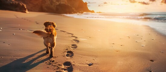 Pet vacation concept with a dog footprint in the sand at the beach featuring a serene setting with a copy space image