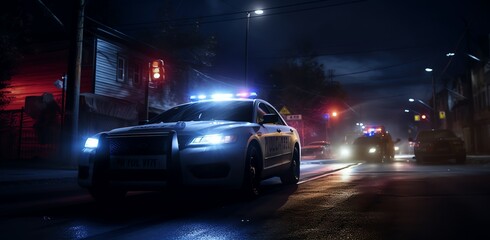 Fototapeta premium A police car with flashing lights is driving down the street, surrounded by other cars and uniformed officers on either side of it