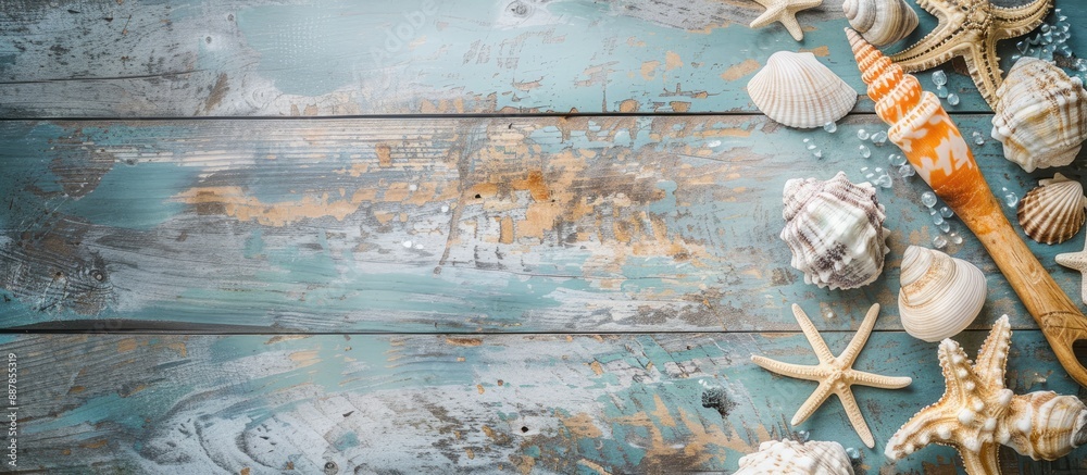 Poster close up of a sea themed arrangement on a wooden table with flippers shells and copy space image