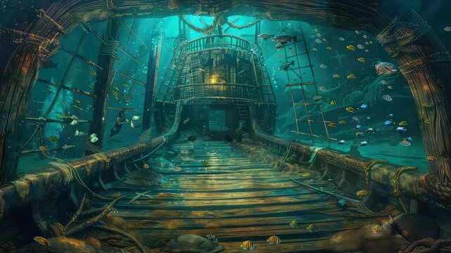 Animation Underwater view of a sunken pirate ship generated with ai