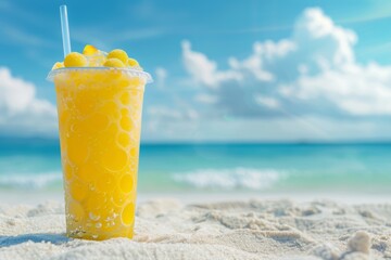 Obraz premium Refreshing Tropical Yellow Fruit Juice Drink on Beach with Ocean View, Summer Vacation Concept