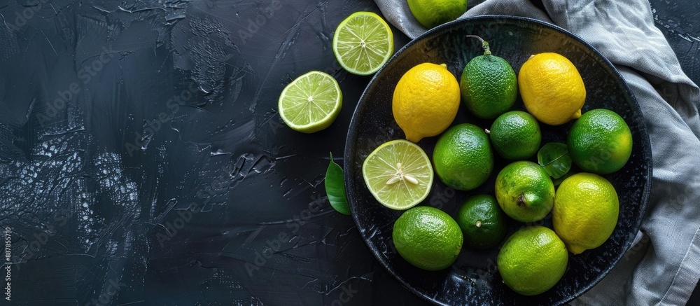 Poster copy space image featuring a dark backdrop with a black plate showcasing a flat lay of vibrant green