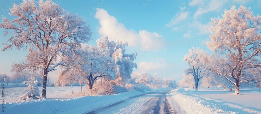Poster a snowy landscape with trees alongside a road offering a serene winter scene perfect for a copy spac