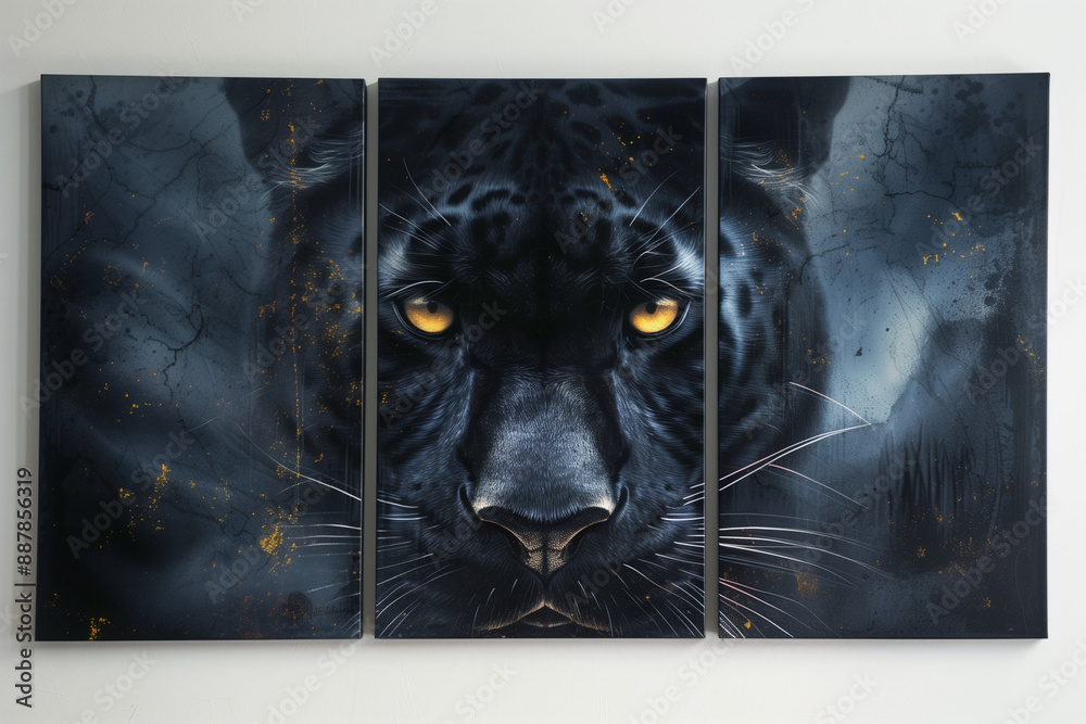 Wall mural set of three abstract posters with black panther art, panther banner, wild animal artwork