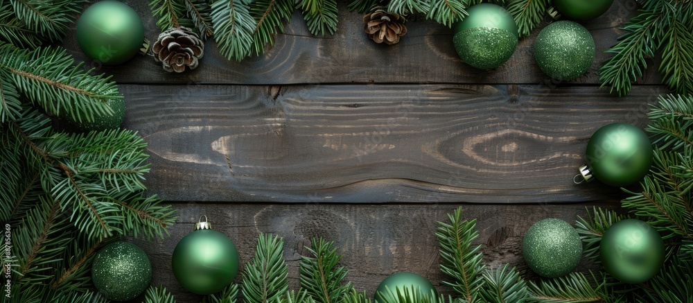 Poster top view of green balls on a wooden backdrop encircled by pine branches ideal for a stunning new yea